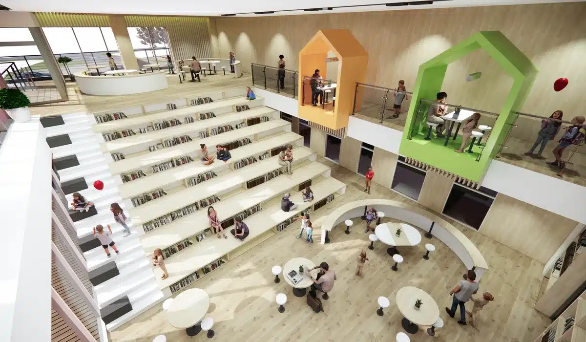 Niños en una biblioteca pública fresca, espacio de refugio climático