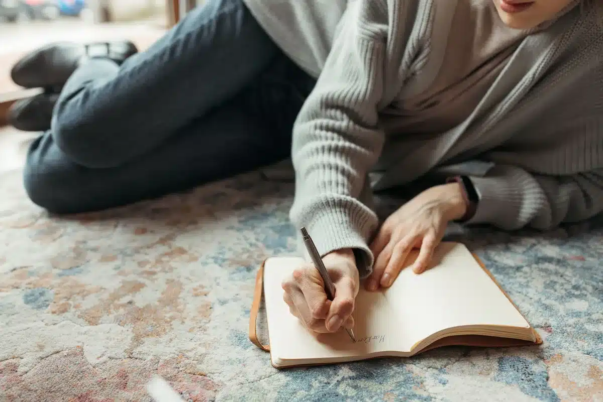 Persona tomando notas reflexivas al final del día en su cuaderno