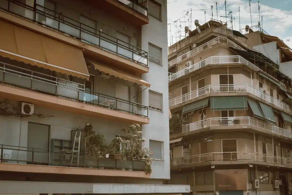 Edificios urbanos bajo sol intenso, reflejando el efecto isla de calor en ciudades
