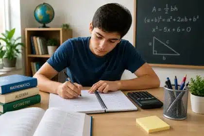 Estudiantes en un examen con presión de tiempo, reloj visible en el aula