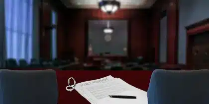 Manos sosteniendo un sobre y libreta junto a documentos sobre una mesa