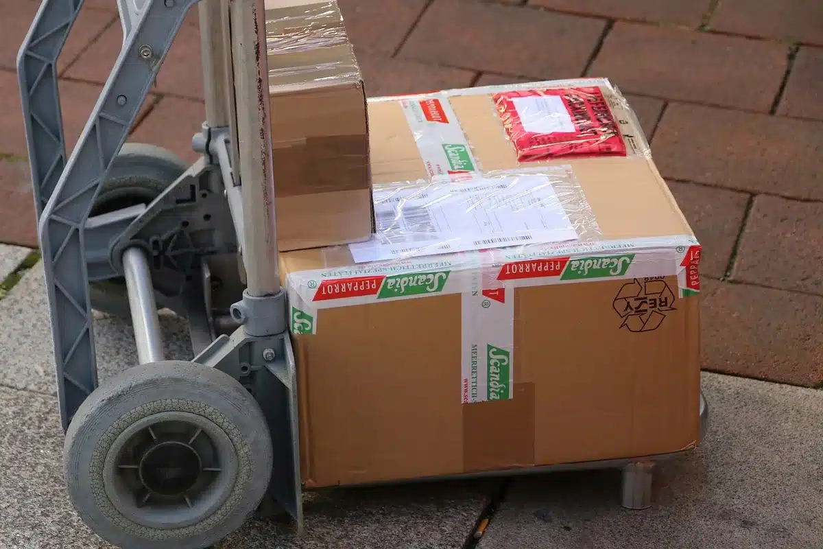 Aplicación de reparto en pantalla de móvil junto a una bolsa de reparto en la calle
